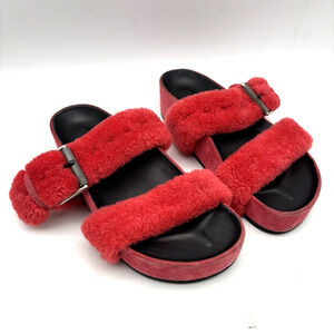 Rag & Bone 'EVIN' Red Suede Leather Shearling Slip On Slides Size US7.5 EU38